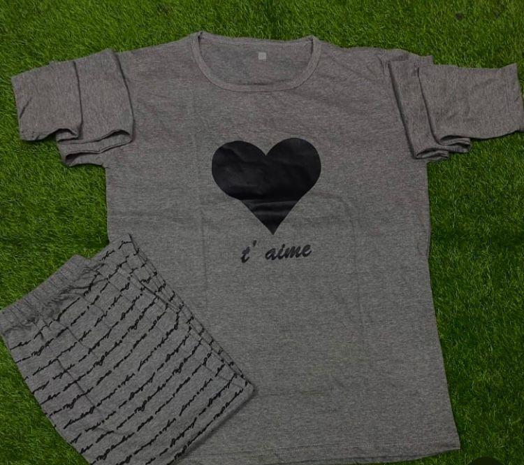 Women’s Grey Cotton Jersey Night Suit – 2 Pc Printed Set