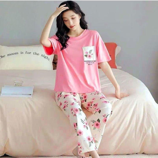 Women’s Pink Cotton Jersey Night Suit – 2 Pc Printed Sleepwear Set