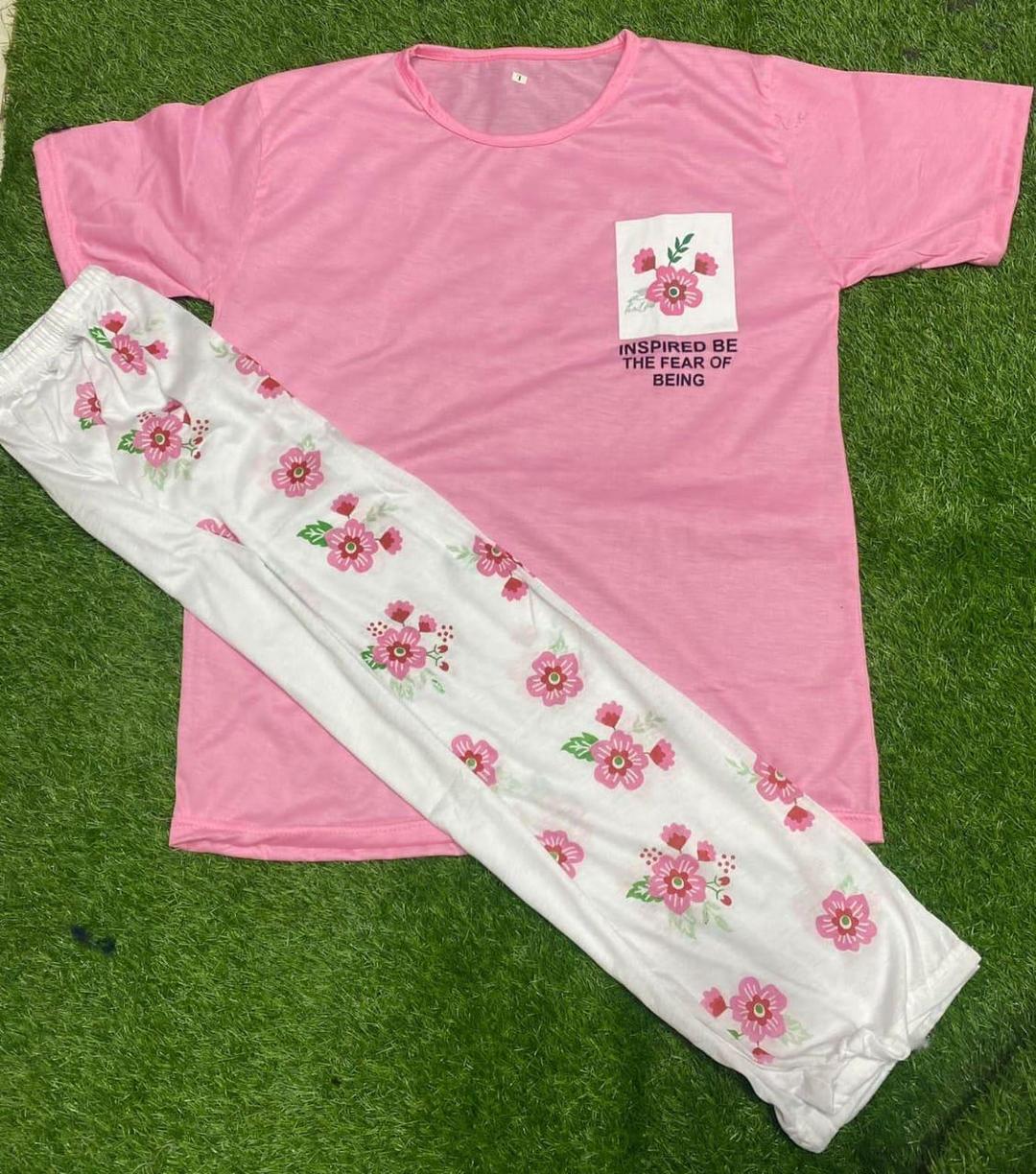 Women’s Pink Cotton Jersey Night Suit – 2 Pc Printed Sleepwear Set