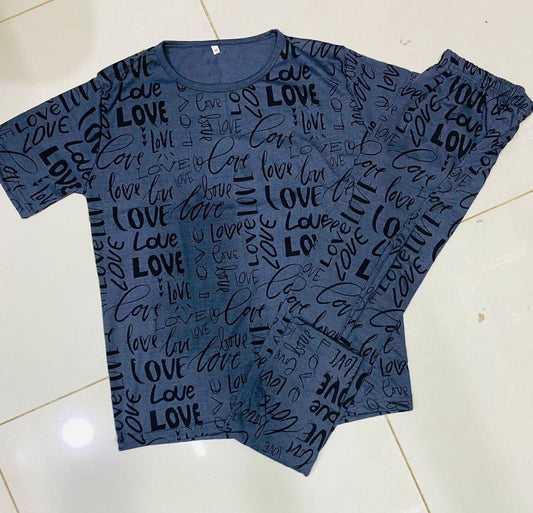 Women’s Cotton Jersey Night Suit – 2 Pc Printed Sleepwear Set (Grey)