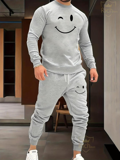 Men's Fleece Graphic Tracksuit – 2 Pcs Set (Grey)