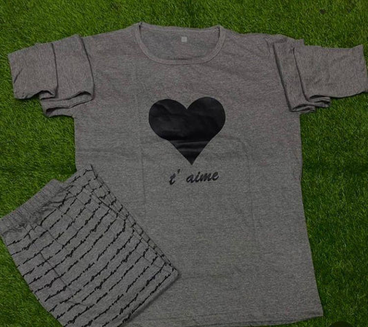 Women’s Grey Cotton Jersey Night Suit – 2 Pc Printed Set