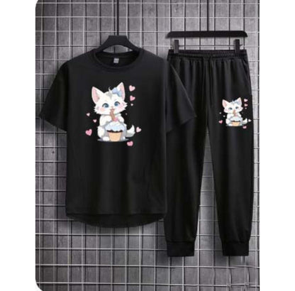 Girls’ Printed Tracksuit – 2 Pc Polyester Set (Black)