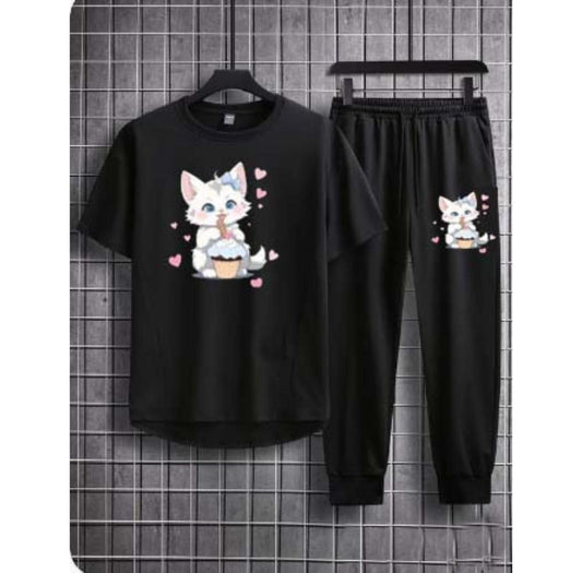 Girls’ Printed Tracksuit – 2 Pc Polyester Set (Black)