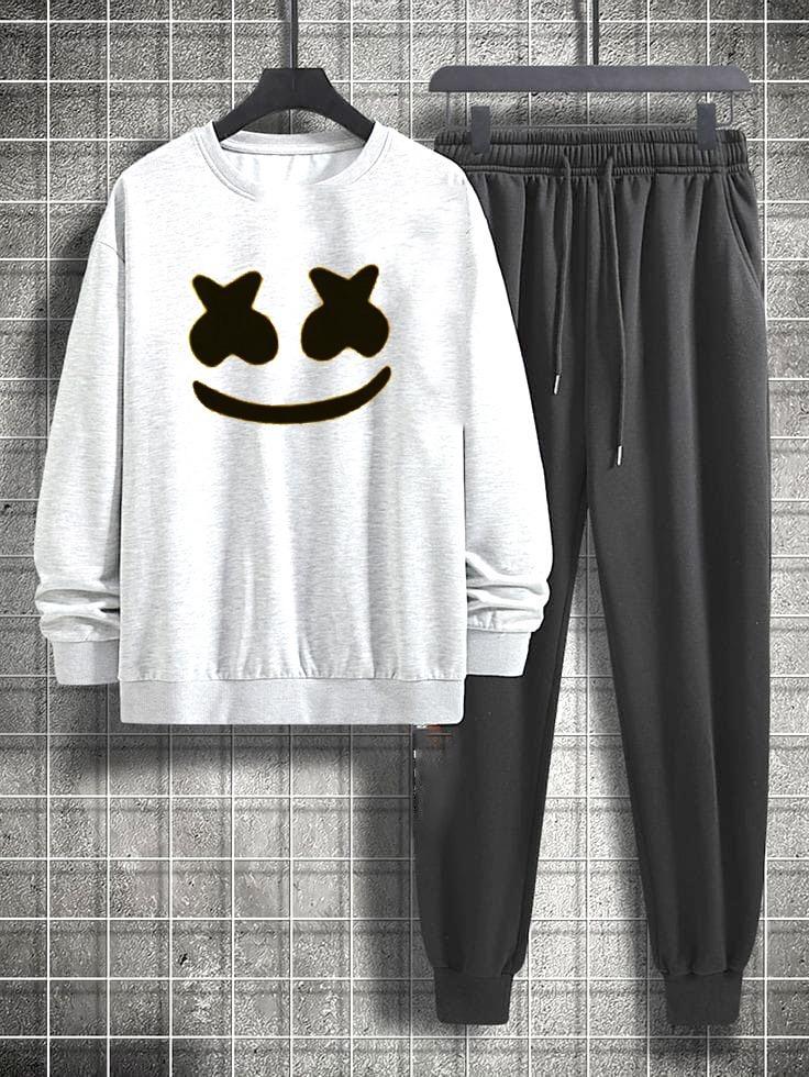 Men's Printed Fleece Tracksuit – 2 Pcs Set (White)