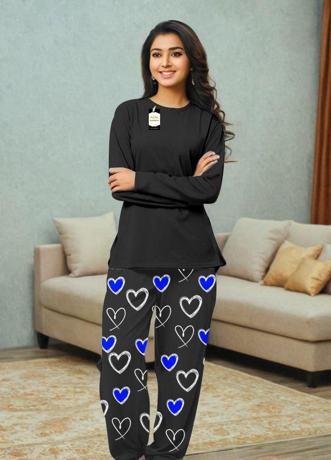 Women’s Black Cotton Jersey Night Suit – 2 Pc Plain Lounge Set